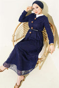 2 Piece Set with floral snap-button lace skirt, navy blue.