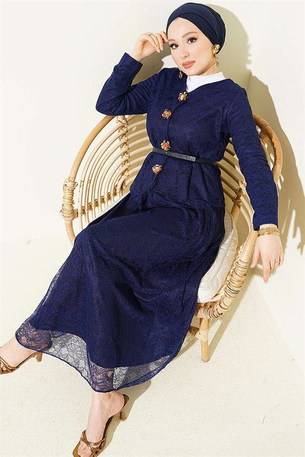 2 Piece Set with floral snap-button lace skirt, navy blue.