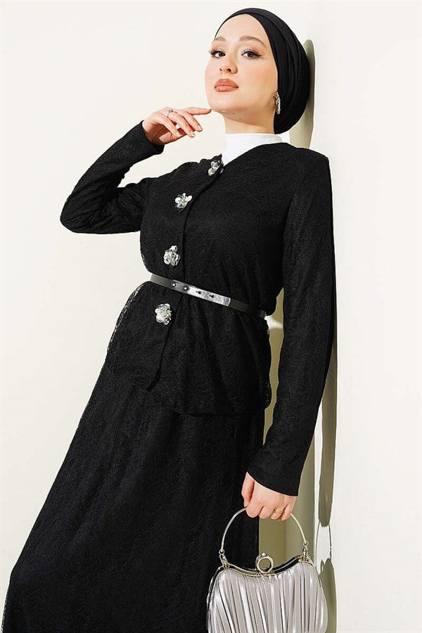 2 Piece Set with Floral Snap Button and Lace Skirt, Black