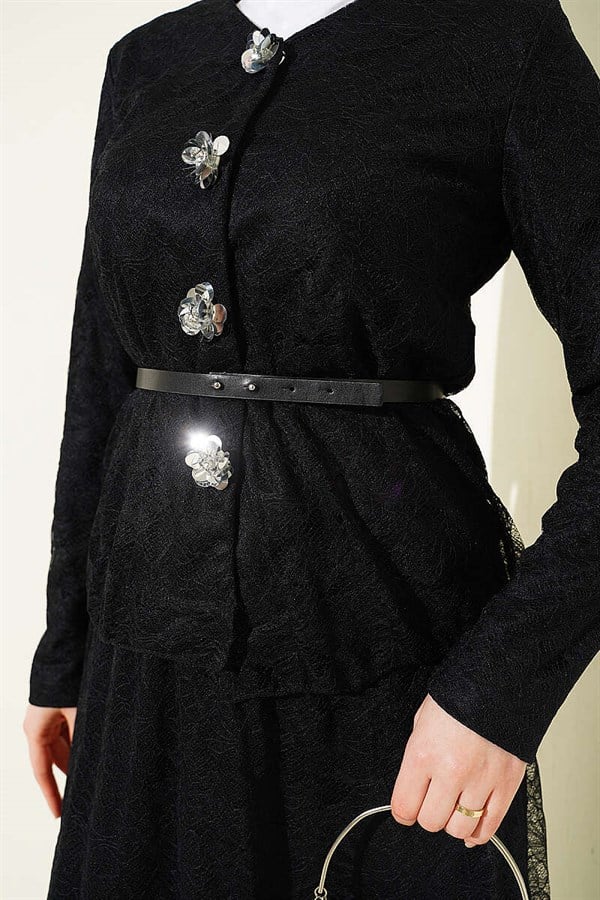2 Piece Set with Floral Snap Button and Lace Skirt, Black