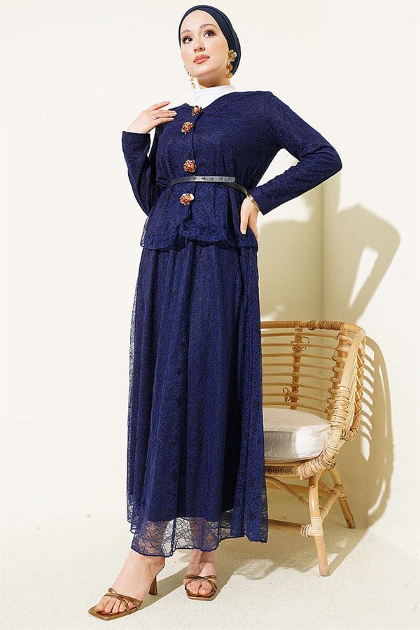 2 Piece Set with floral snap-button lace skirt, navy blue.