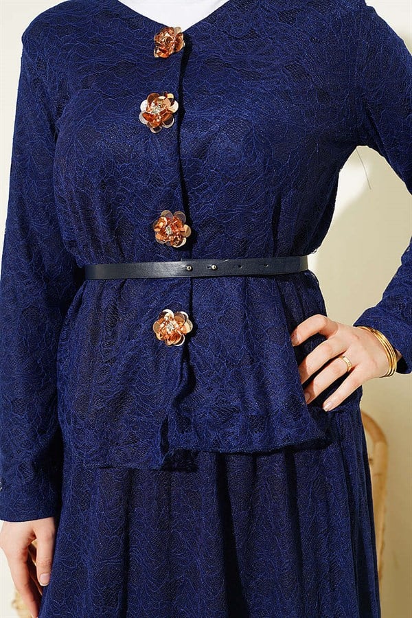 2 Piece Set with floral snap-button lace skirt, navy blue.