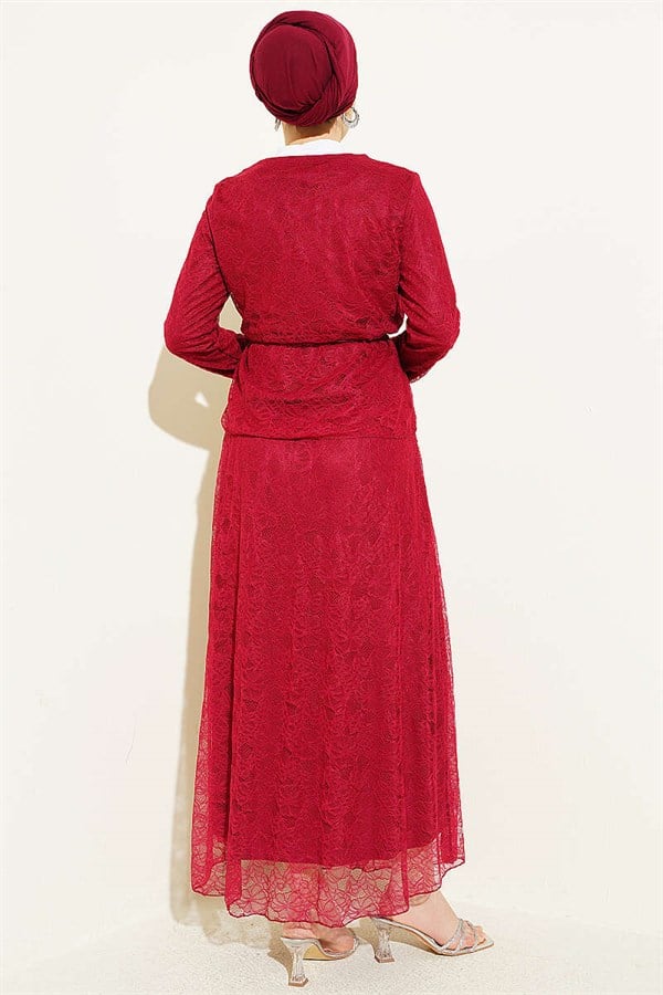 2 Piece Set with Floral Snap Button Lace Skirt, Burgundy