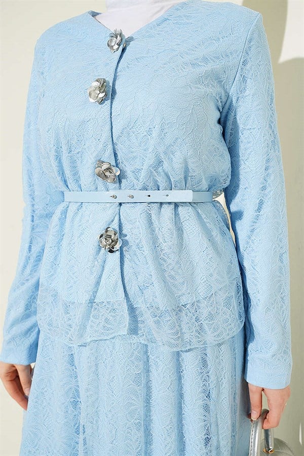 2 Piece Set with Floral Snap Button Lace Skirt, Baby Blue