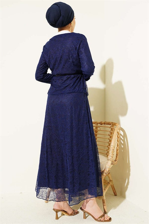 2 Piece Set with floral snap-button lace skirt, navy blue.