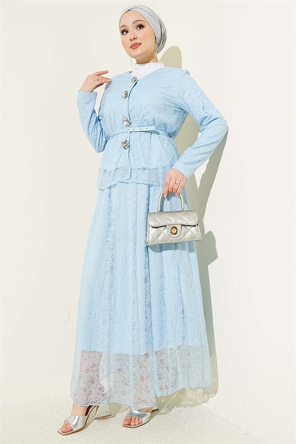 2 Piece Set with Floral Snap Button Lace Skirt, Baby Blue