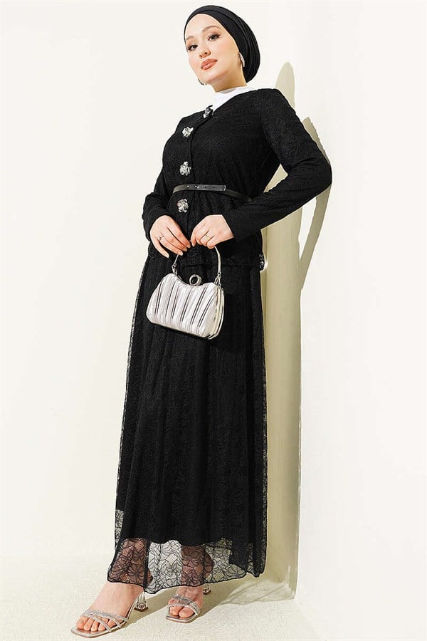 2 Piece Set with Floral Snap Button and Lace Skirt, Black