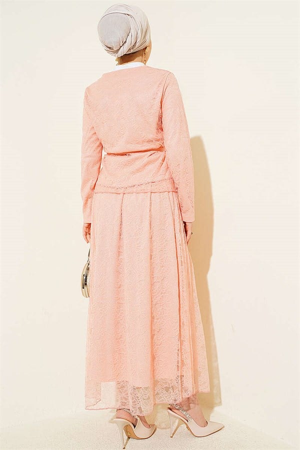 2 Piece Set with Floral Snap Button and Lace Skirt, Powder Pink