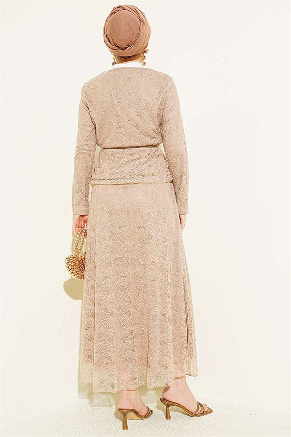 Floral Snap Button Lace Skirt 2 Piece Set, Beige