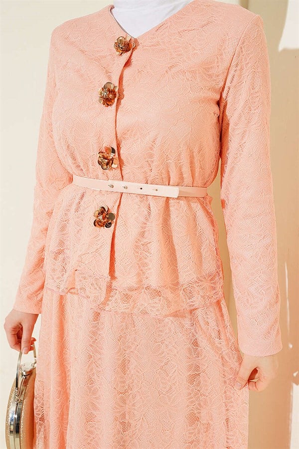 2 Piece Set with Floral Snap Button and Lace Skirt, Powder Pink