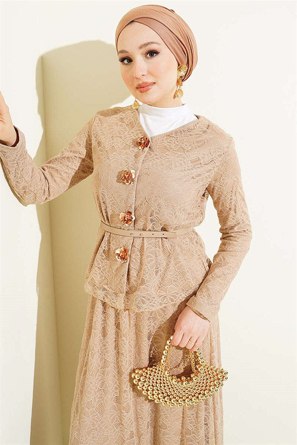 Floral Snap Button Lace Skirt 2 Piece Set, Beige