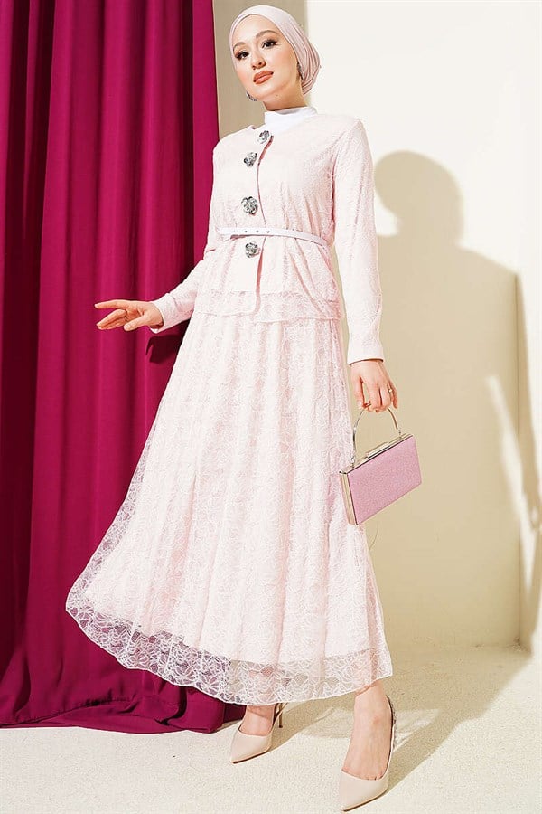 Pink 2 Piece Set with Floral Snap Button and Lace Skirt