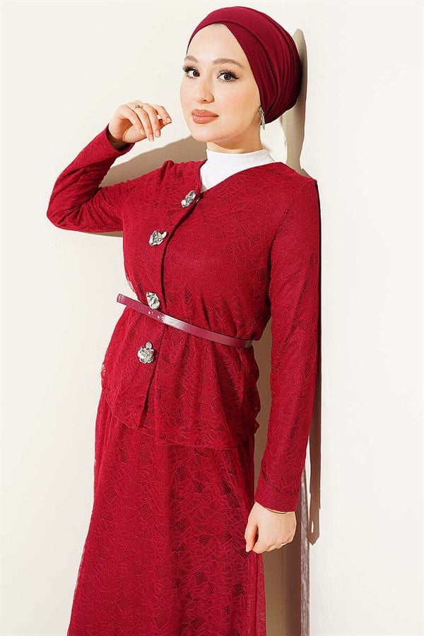 2 Piece Set with Floral Snap Button Lace Skirt, Burgundy