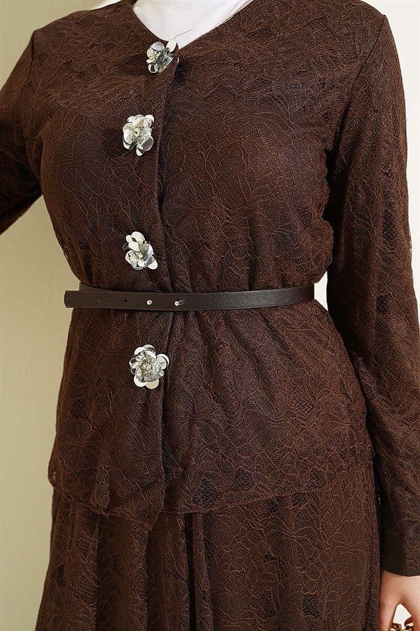 2 Piece Set with Floral Snap Button Lace Skirt, Coffee