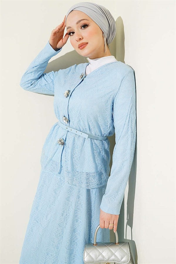 2 Piece Set with Floral Snap Button Lace Skirt, Baby Blue