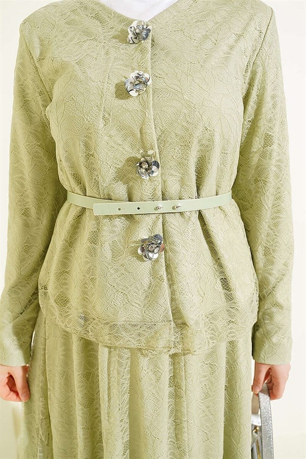 Floral Snap Button Lace Skirt 2 Piece Set in Light Green
