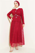 2 Piece Set with Floral Snap Button Lace Skirt, Burgundy