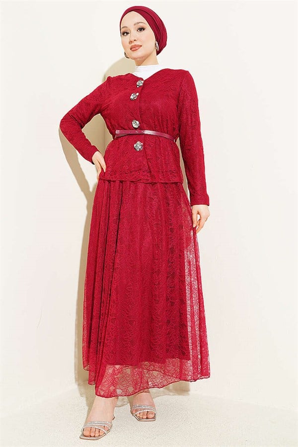 2 Piece Set with Floral Snap Button Lace Skirt, Burgundy