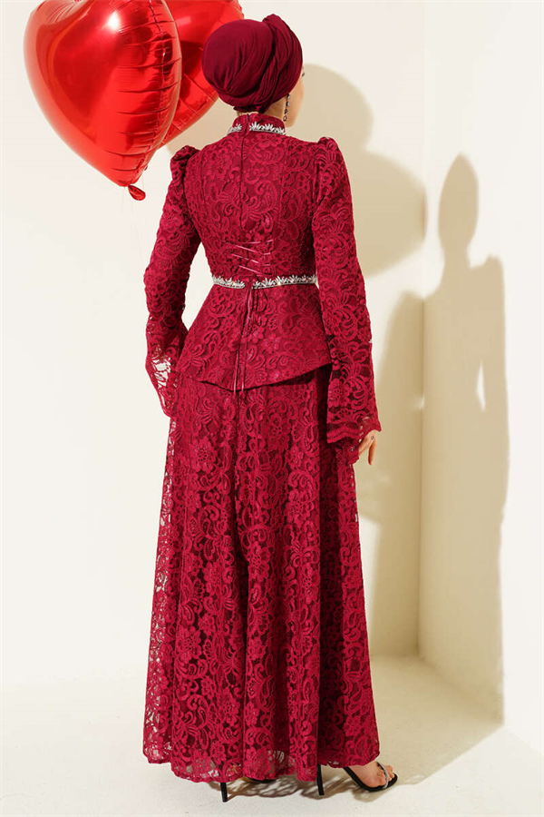Floral Lace Embellished Evening 2 Piece Set in Burgundy