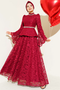 Floral Lace Embellished Evening 2 Piece Set in Burgundy