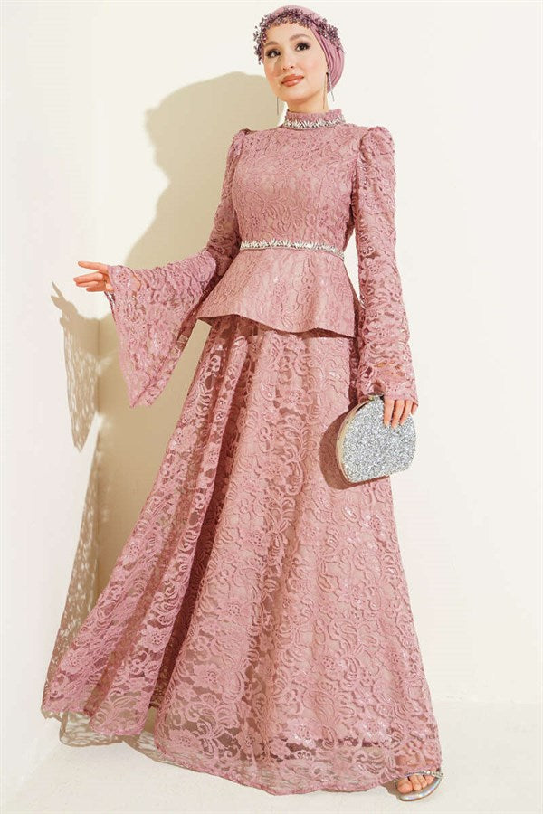Floral Lace Embellished Evening 2 Piece Set, Rose Pink