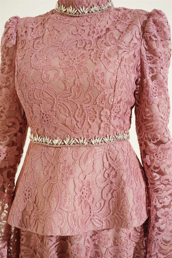 Floral Lace Embellished Evening 2 Piece Set, Rose Pink