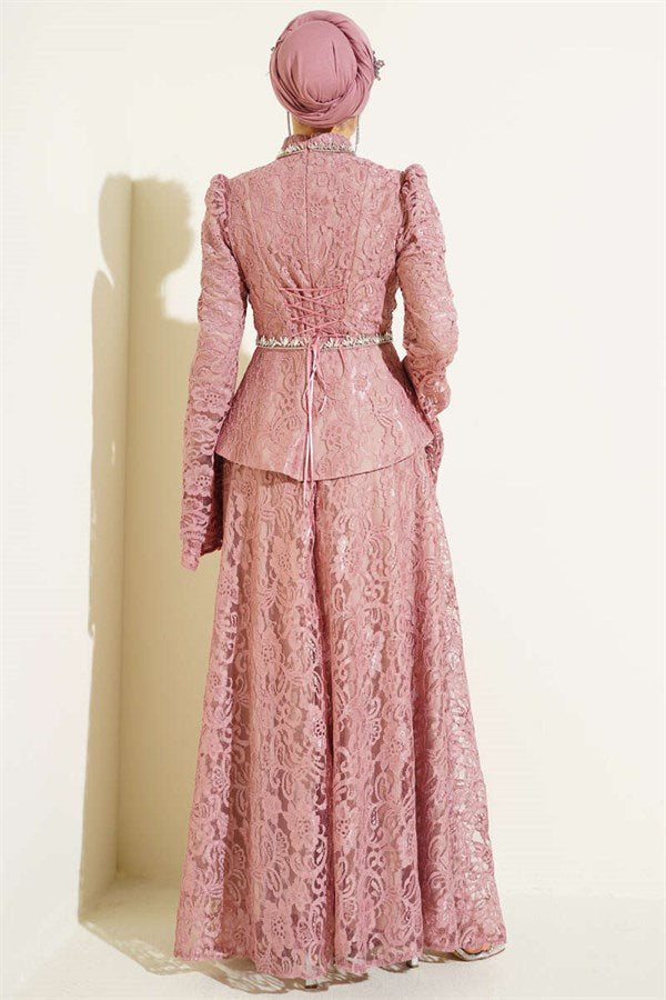Floral Lace Embellished Evening 2 Piece Set, Rose Pink