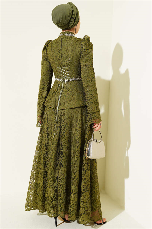 Floral Lace Embellished Evening 2 Piece Set, Khaki