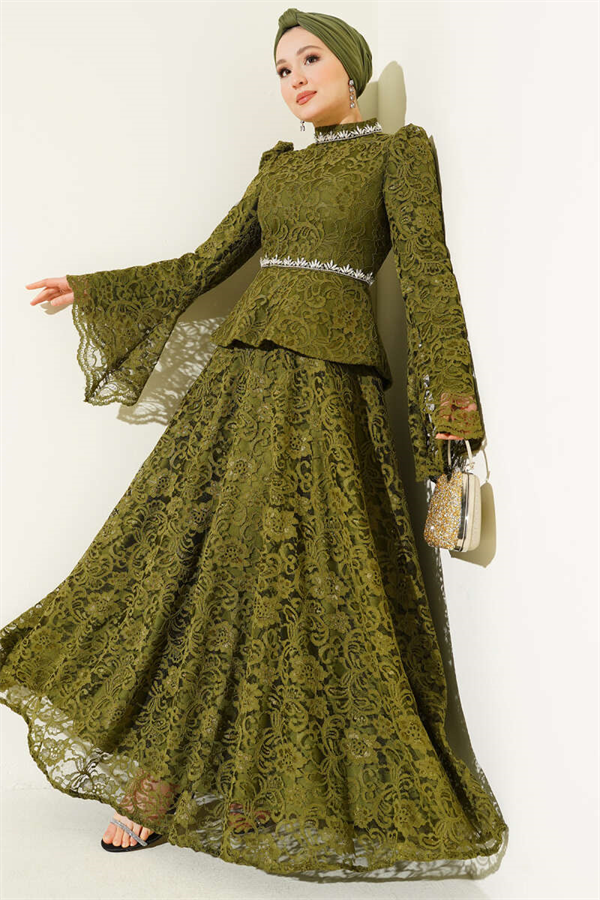 Floral Lace Embellished Evening 2 Piece Set, Khaki