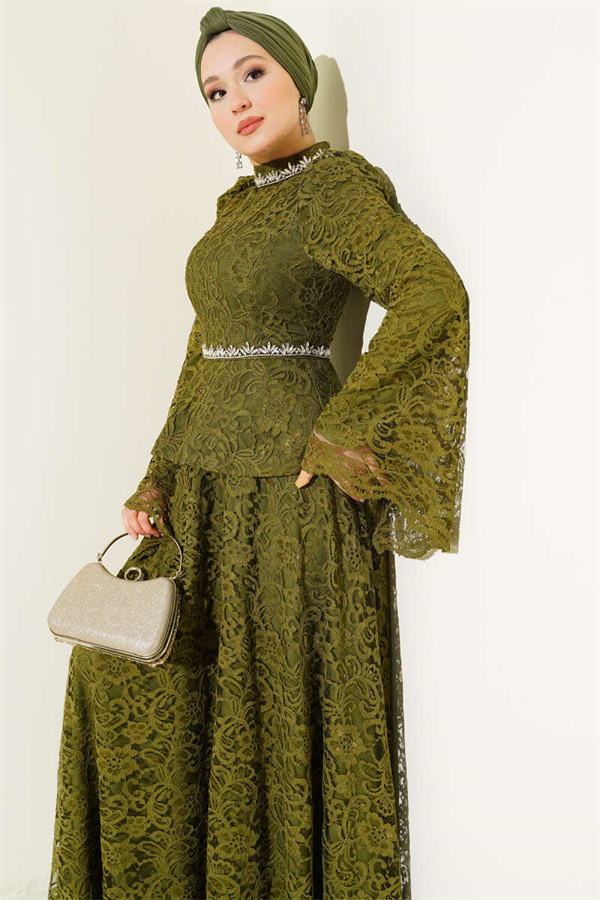 Floral Lace Embellished Evening 2 Piece Set, Khaki