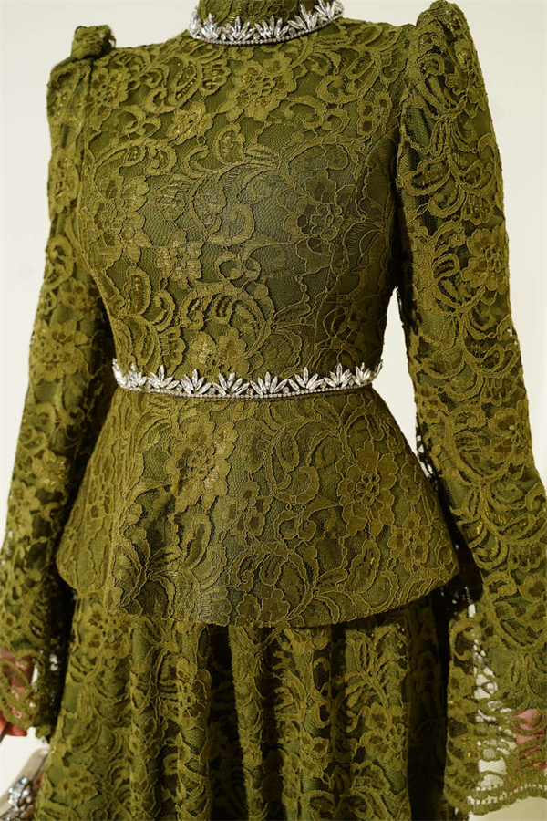 Floral Lace Embellished Evening 2 Piece Set, Khaki