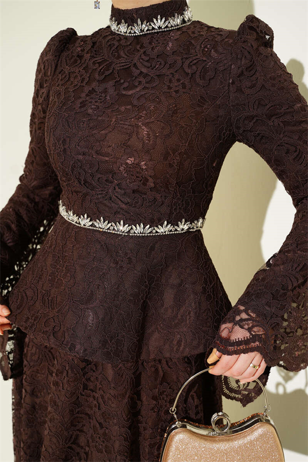 Floral Lace Embellished Evening 2 Piece Set in Coffee Brown