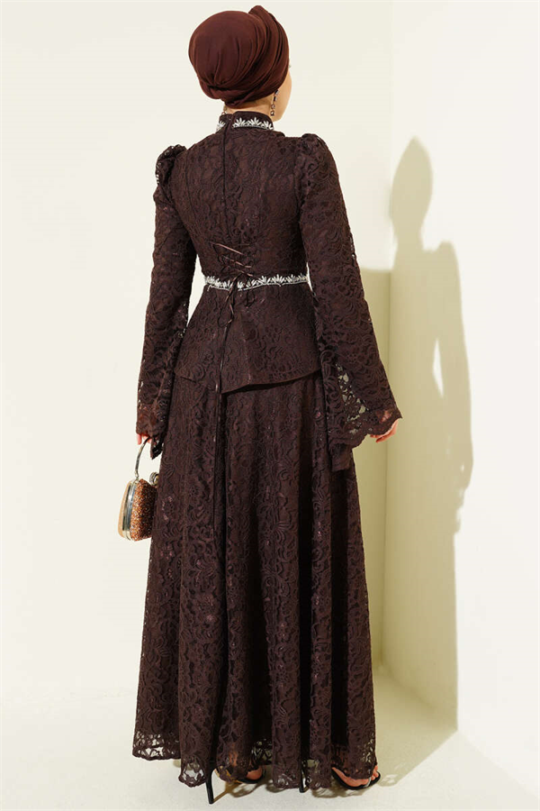 Floral Lace Embellished Evening 2 Piece Set in Coffee Brown