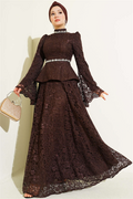 Floral Lace Embellished Evening 2 Piece Set in Coffee Brown