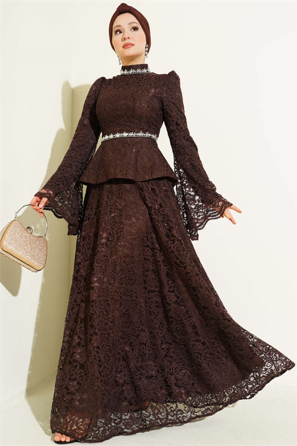 Floral Lace Embellished Evening 2 Piece Set in Coffee Brown