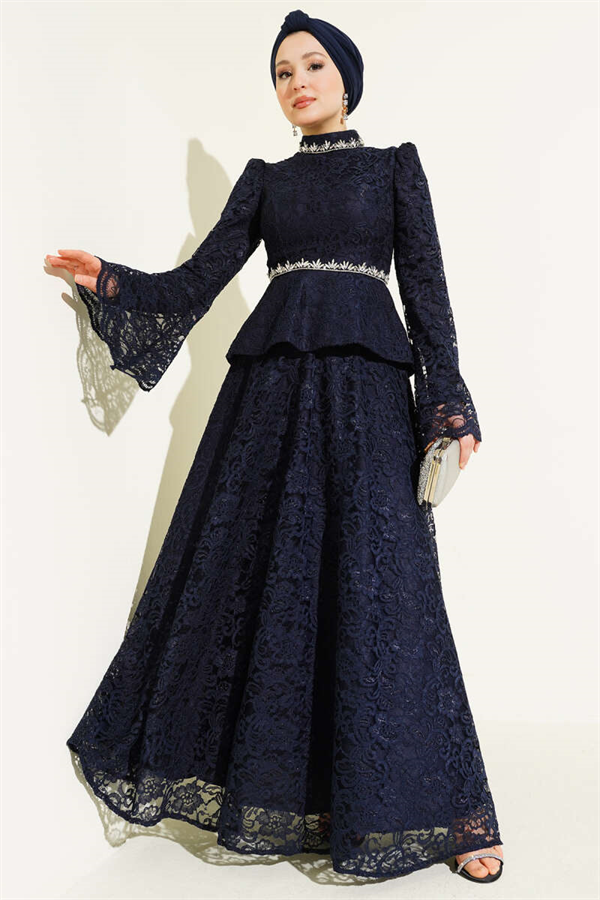 Floral Lace Embellished Evening 2 Piece Set, Navy Blue