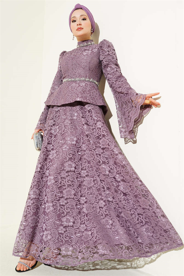 Floral Lace Embellished Evening 2 Piece Set in Lilac