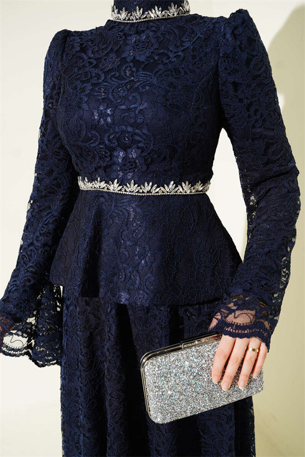 Floral Lace Embellished Evening 2 Piece Set, Navy Blue