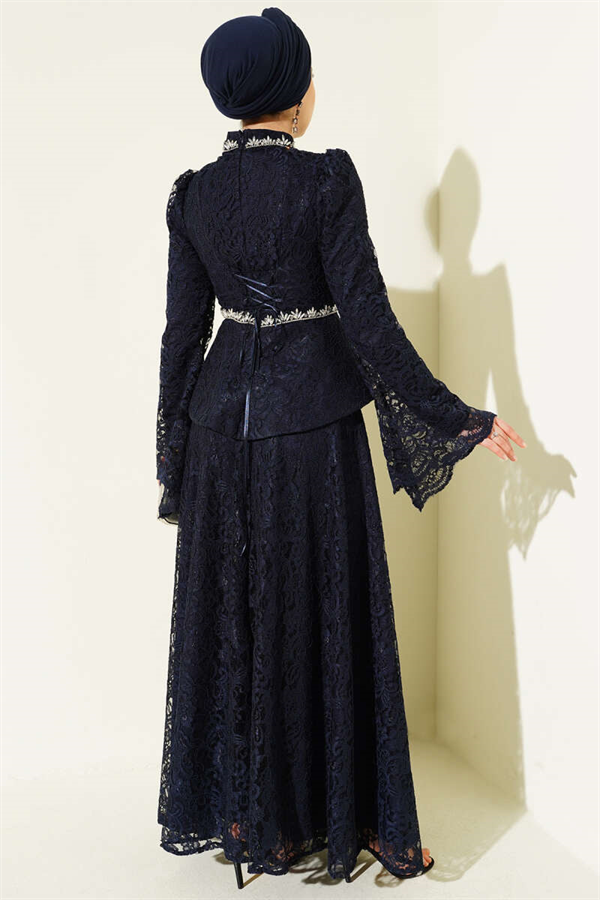 Floral Lace Embellished Evening 2 Piece Set, Navy Blue