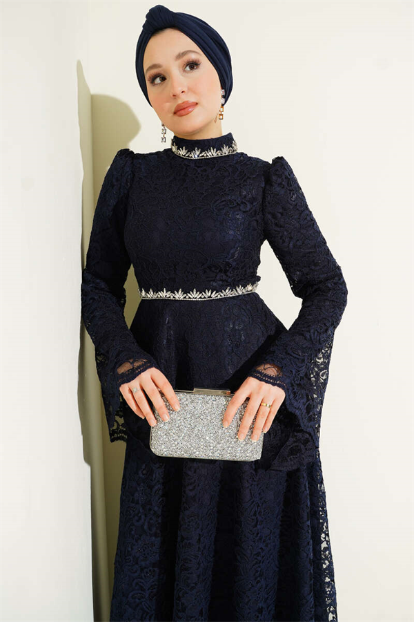 Floral Lace Embellished Evening 2 Piece Set, Navy Blue