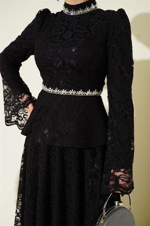 Floral Lace Embellished Evening 2 Piece Set, Black