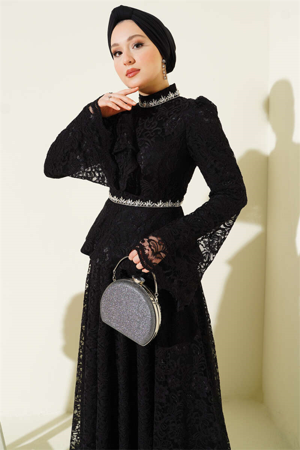 Floral Lace Embellished Evening 2 Piece Set, Black