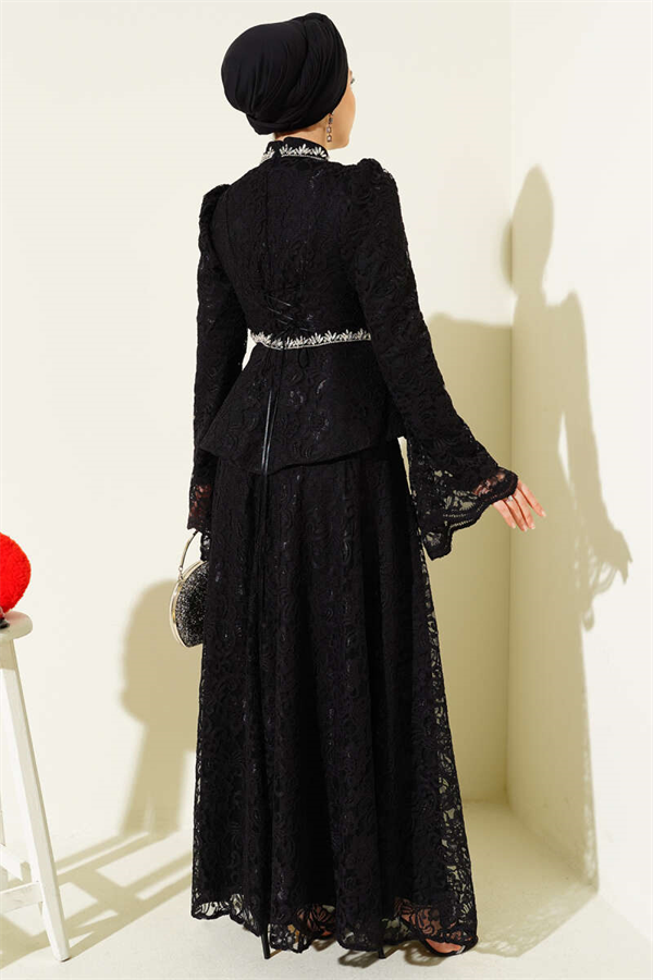 Floral Lace Embellished Evening 2 Piece Set, Black