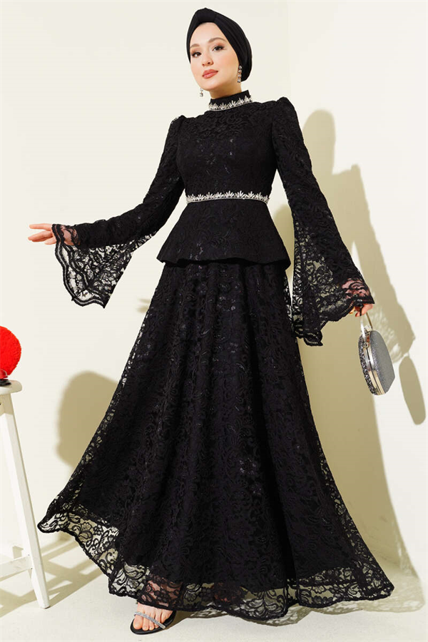 Floral Lace Embellished Evening 2 Piece Set, Black