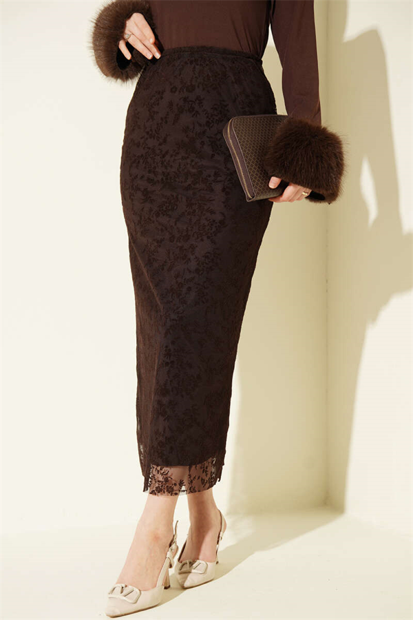 Floral Lace Tulle Pencil Skirt Coffee