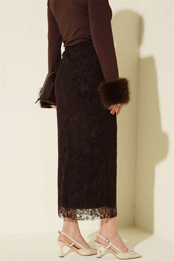 Floral Lace Tulle Pencil Skirt Coffee
