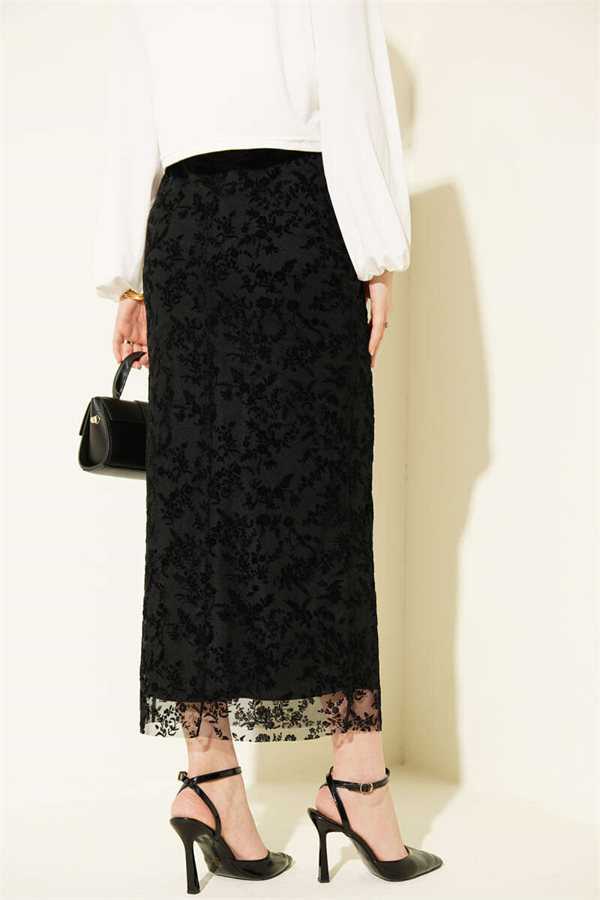 Floral Lace Tulle Pencil Skirt Black