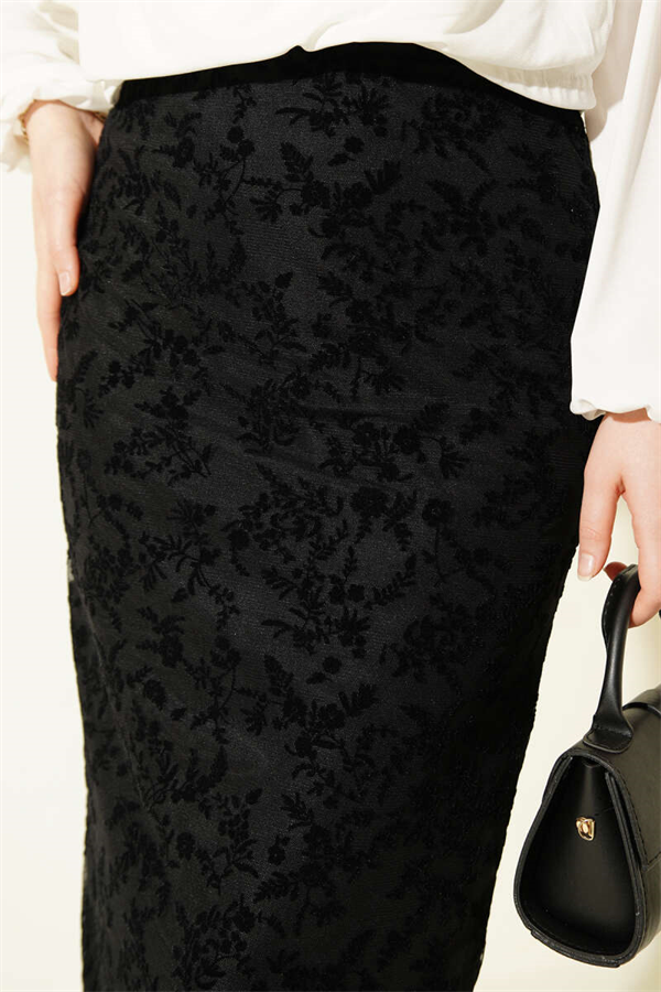 Floral Lace Tulle Pencil Skirt Black