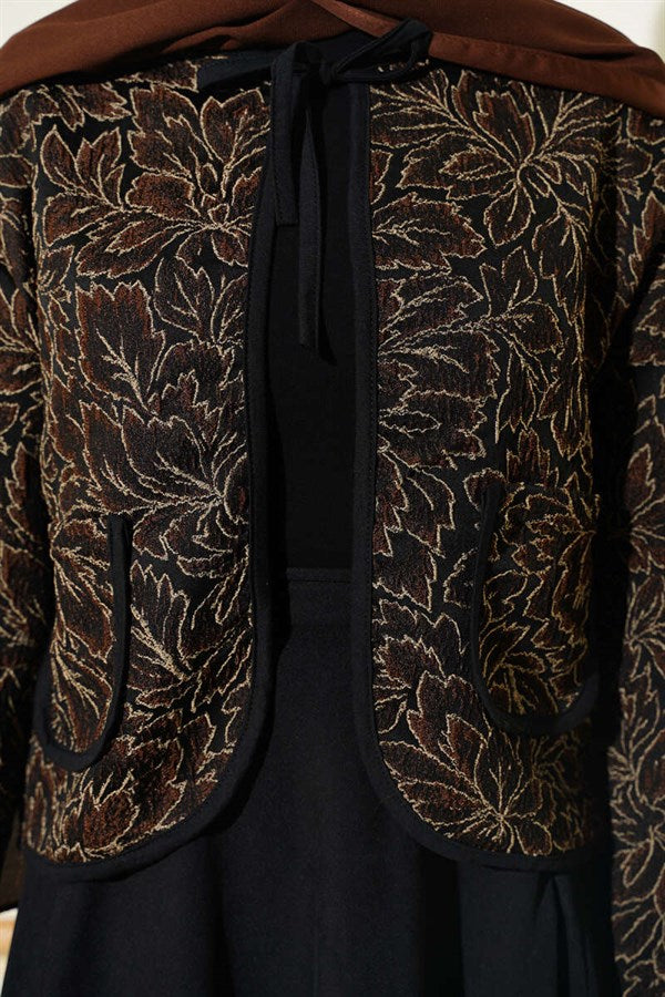 Floral Pattern Jacket and Skirt 2 Piece Set in Coffee Brown