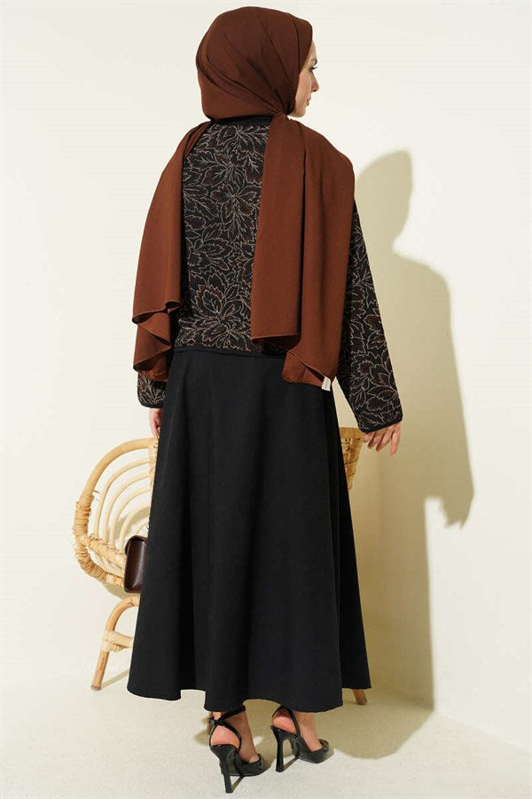 Floral Pattern Jacket and Skirt 2 Piece Set in Coffee Brown